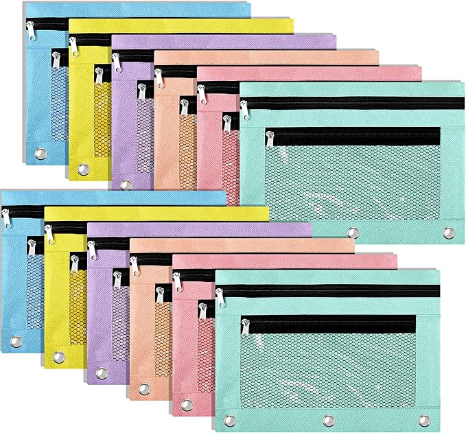Kosiz 12 Pcs Pencil Pouch, 3 Ring Binder Pencil Pouch, 2 Layer Zipper Pencil Case with Mesh Window, Wear Resistant Oxford Fabric, Multicolored for Student Teacher (Macaron Color)