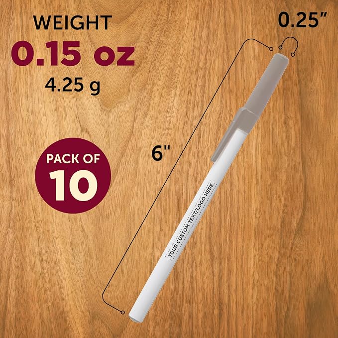 DISCOUNT PROMOS Custom Value Stick Pens Set of 10, Personalized Bulk Pack - Black Ink, Great for Office, School, Business, Tradeshows, Events - Grey
