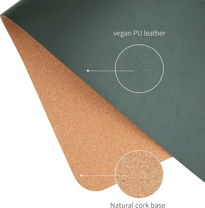 RENMTURE Dual-Sided Mouse Pad, Natural Cork & PU Leather Large Desk Pad for Office and Home Work, Desk Protector Non-Slip, Waterproof, Easy Clean (Dark Green, 23.6" x 13.7")