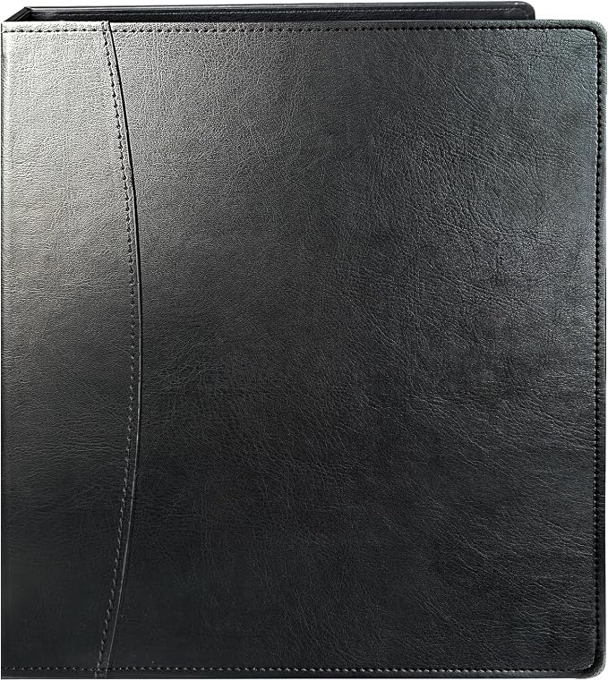 Vintage Faux Leather 3-Ring Binder, 2-Inch Spine, Round Ring, Fits Letter Size 8.5" x 11" Paper, Built-in Interior Pockets, Professional Document Binder (Black, 2 Inch)