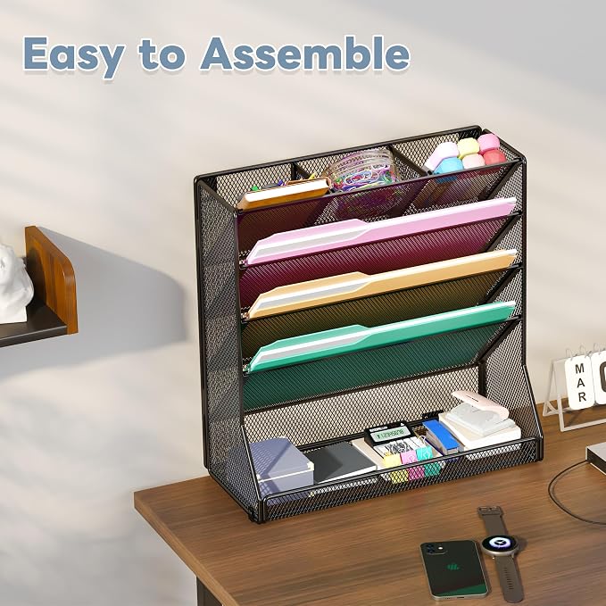 Jakyitvi Wall Mounted File Organizer, Metal Frame Mesh Desktop Sorter | 5-tier hanging style, 4 pull-out dividers, mail sorter, sturdy office supplies, stable R-shaped base, hardware included