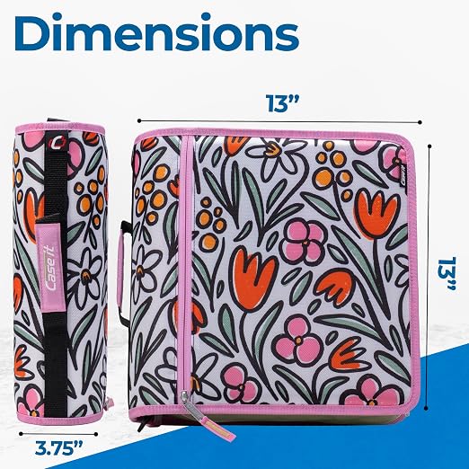 Case-it School Zipper Binder | 3" O-Rings | 600-Sheet | D-146 Fun Flowers | Mighty Zip Tab, 5-Subject Expanding File Folder, Multiple Pockets, Storage Organizer, Shoulder Strap, Office