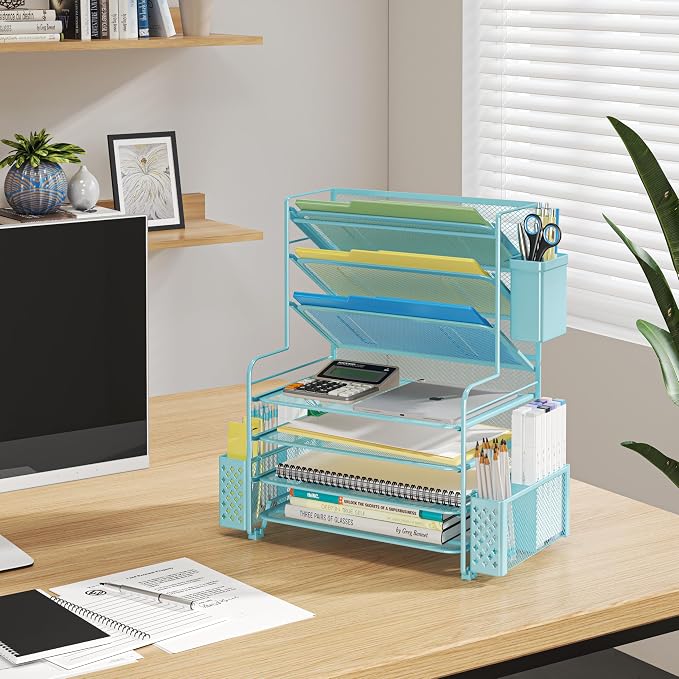 Simple Trending 7 Tier Desk File Organizer, Letter Tray Paper Organizer with Pen Holder and Metal Hanging Basket, Blue