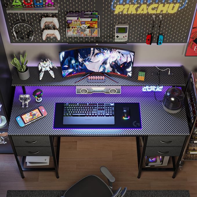 Huuger 47 inch Computer Desk with Power Outlets & 4 Drawers | Gaming Desk with LED Lights, Home Office Desk with Storage Space, Work from Home, Carbon Fibre Black