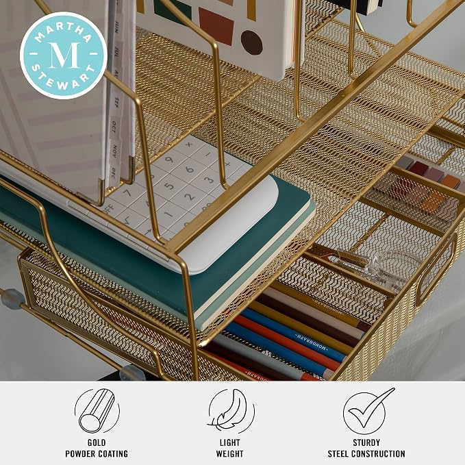 Martha Stewart Ryder Mesh Metal Desktop Organizer with Drawer, Gold | Steel Mesh, Gold Finish