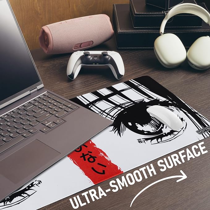 XL (31.5×11.8 in) Manga Eyes Gaming Mouse Pad – Japanese Minimalist Desk Mat with Kanji & Bold Art – Non-Slip, Water-Resistant Surface, Stitched Edges – Anime Red