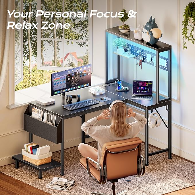 L Shaped Gaming Desk with LED Lights & Power Outlets | Reversible Computer Desk with Storage Shelves & Bag, Small Corner Home Office Desk with Pegboard for Work from Home, Black