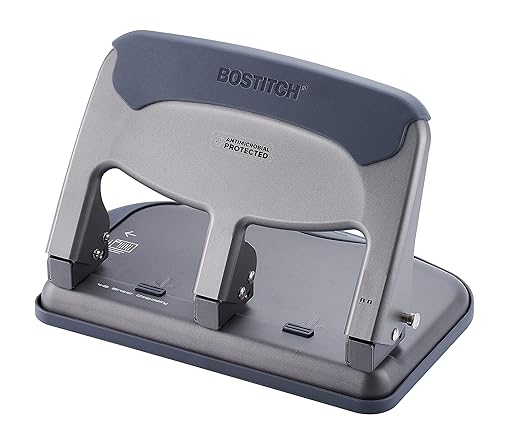 Bostitch Office EZ Squeeze Heavy Duty 3-Hole Punch for Home Office & School, 40-Sheet Capacity, One-Touch Reduced Force, Sleek Gray Design