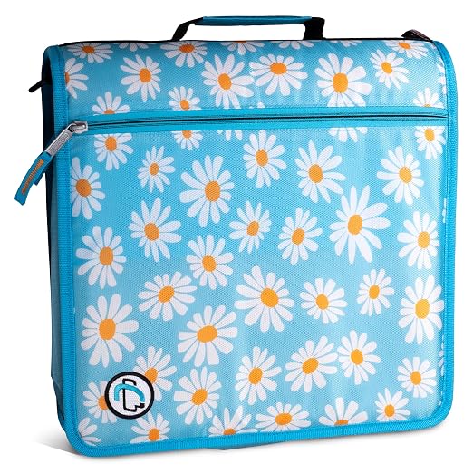 Case-it School Zipper Binder | 3" O-Rings | 600-Sheet | D-146 Light Blue | Mighty Zip Tab, 5-Color Tab Expanding File Folder, Multiple Pockets, Shoulder Strap, Daisy Design, Office