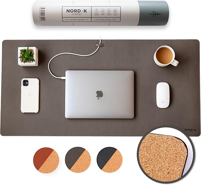 Nordik Leather Desk Mat - Cork Gunmetal Gray - Leather Desk Pad (35x17 in) | Premium Vegan Leather Desk Pad with Cable Organizer, Giftable, Extended Waterproof Mouse Mat, Non-Slip Desk Pad Protector