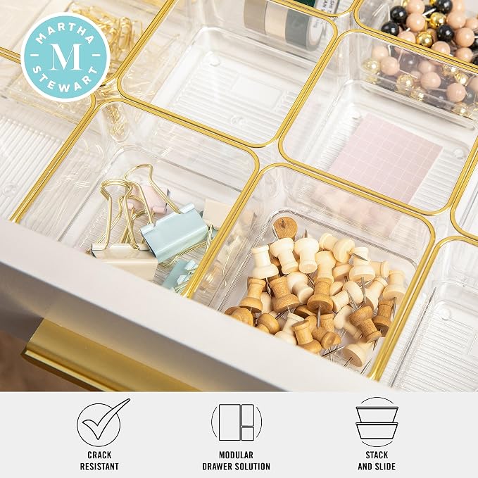 Martha Stewart Kerry Stackable Desk Drawer Organizers, Clear/Gold, 12-Pack | 3x3 in Organizers, Gold Trim, Stackable