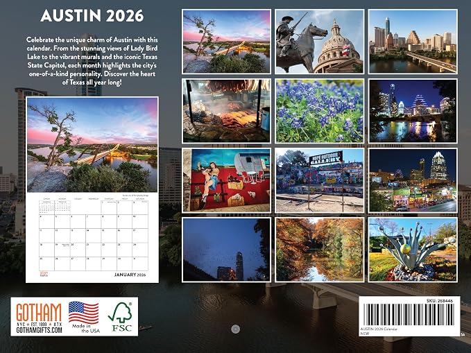 Austin Calendar 2026 Wall 12 Month Monthly TX Scenic Souvenirs Austinite Texan Themed Gifts | American Made In The USA