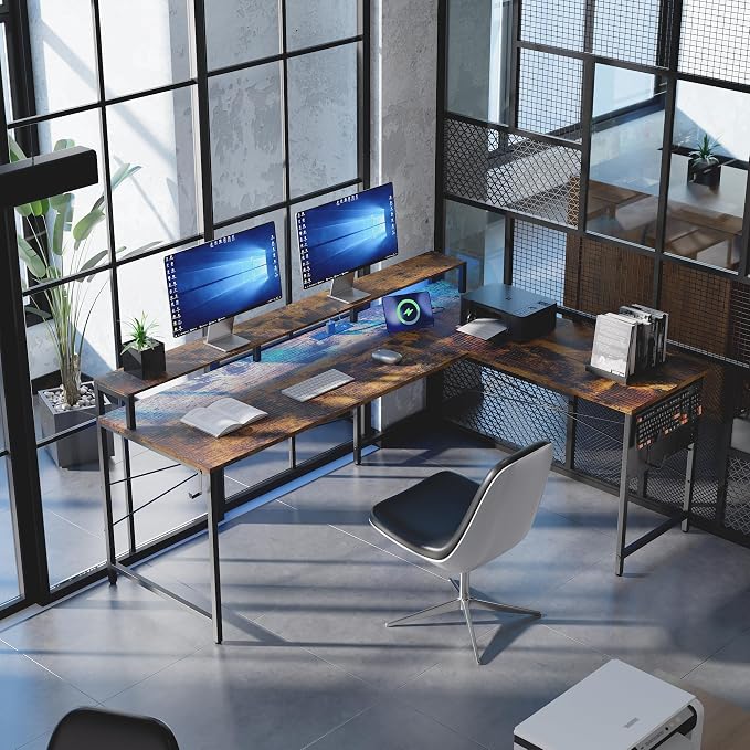 Pamray 64 Inch L Shaped Gaming Desk with Monitor Stand and Power Outlets | Large Corner Computer Desk With Pegboard & Led Lights USB Charging Ports for Home Office Study and Writing Bedroom and Dorms