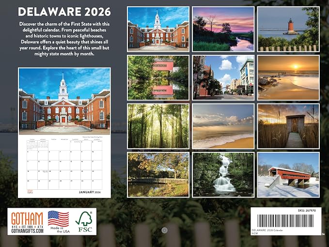 Delaware Calendar 2026 Wall 12 Month Monthly DE Scenic Souvenirs Themed Gifts | American Made In The USA