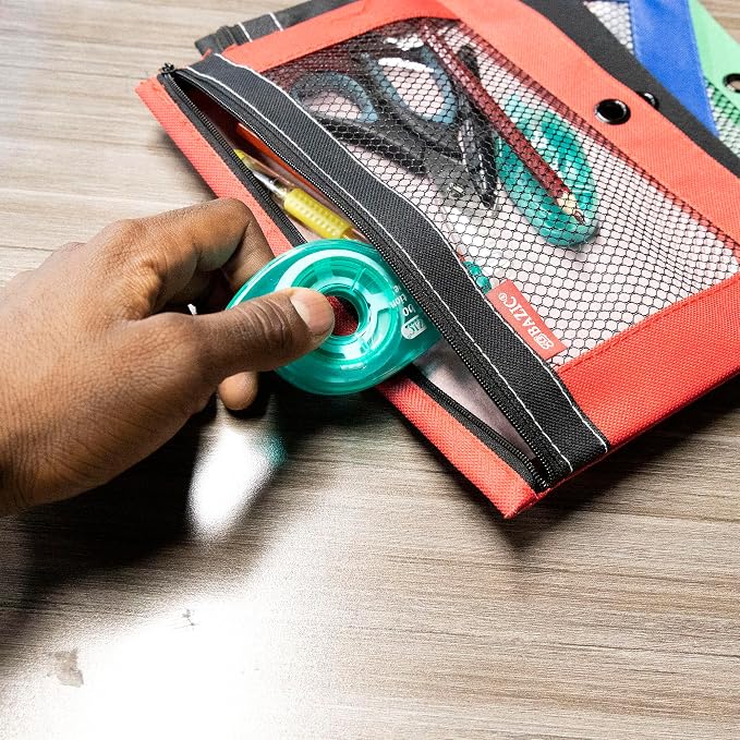 BAZIC Products 3-Ring Pencil Pouch with Clear Mesh Window, 24-Box | clear mesh window and a zipper closure for pens, pencils, supplies