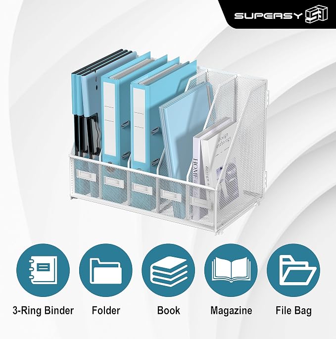 Desk Organizers Metal Desk Magazine File Holder with 5 Vertical Compartments Rack File Organizer for Office Desktop, Classroom, Home Workspace, White Plus