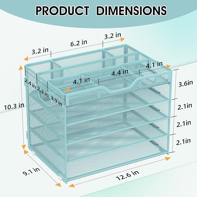 5 Tier Paper Letter Tray Desk Organizer with Pen Holders - Blue | Features 3 pen holders and 4 removable dividers.Versatile mesh desktop storage for mail, document,office supplie