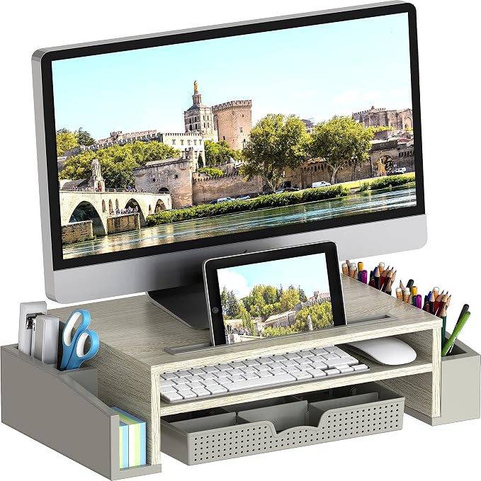 Simple Houseware Desk Monitor Stand Riser w/ Adjustable Tray, Maple | Built-In Tablet Slot and Side Storage