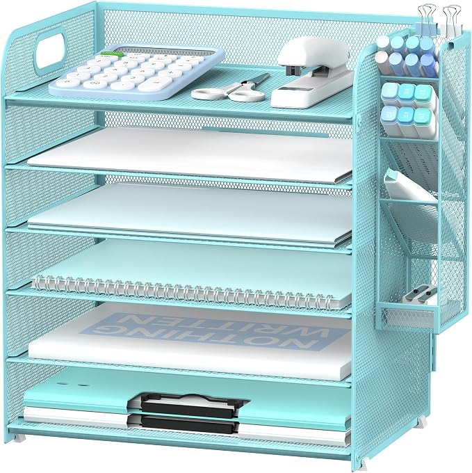 6 Tier Desk Organizer with 4 Pen Holders & Mesh Paper Trays Blue | 6 Tiers Paper Organizer, File Organizer Letter Tray with Handle for A4 Files, Folders, Mail and Office Supplies