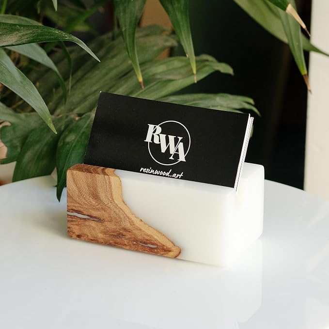 RWA Business Card Holder for Men & Women - Handcrafted Epoxy & Wood, Stylish & Durable Business Card Organizer, Premium Business Card Holders Desk Accessory for Professionals - ELEMENT, white