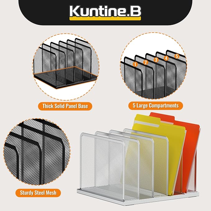 Kuntine.B Desk File Organizer Upright Mesh Desktop Organizer File Sorter Office Organization File Holder for Home, Office & Classroom (Silver, 1 Pack 5-Section) | Vertical, Mesh, Metal, Assembly, Stability, Sturdiness, Organization, Standing