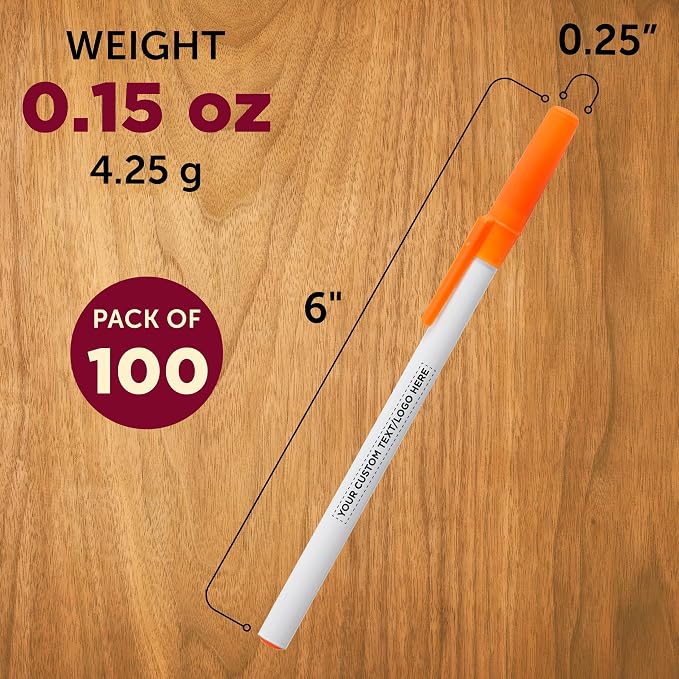 DISCOUNT PROMOS Custom Value Stick Pens Set of 100, Personalized Bulk Pack - Black Ink, Great for Office, School, Business, Tradeshows, Events - Orange