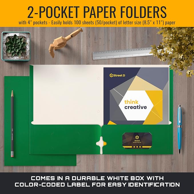 Better Office Products Green Folders, 50 Pack Letter Size Pocket Folders, Green Folders with Pockets, Two Pocket Portfolio Folders, Durable Paper Folders for School Classroom Office Organization
