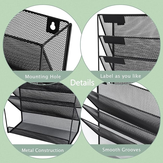 3 Pockets Mesh Wall File Holder Organizer with Bottom Flat Tray, Office Hanging File Folder Magazine Rack, Nametag Label Hooks Set Included, Black