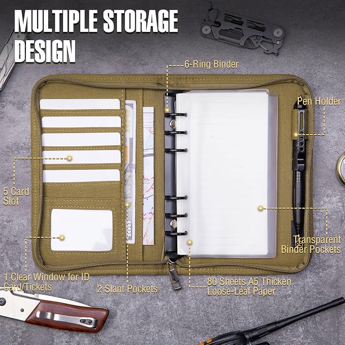 Kosibate Tactical Notebook Padfolio Ring Binders with 45 Sheets,Army Military Notebook Portfolio Binder with Zipper for Tactical Gear and Organizer, Refillable 6-Ring Binder(Khaki,5.5'' x 8.5'')