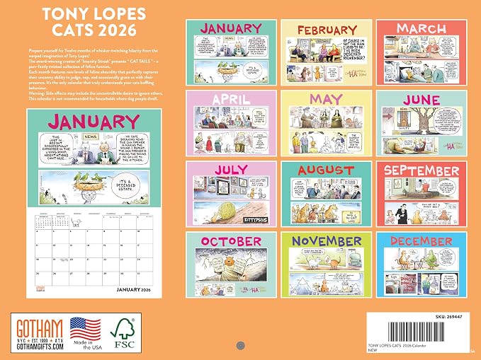 Tony Lopes Cats Calendar 2026 Monthly Wall Calender 12 Month | American Made In The USA