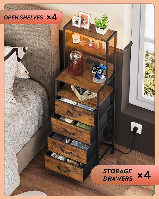 WLIVE Tall Nightstand with Charging Station, LED Night Stand with 4 Drawers and Storage Open Shelves, Fabric Dresser for Bedroom, Office, Rustic Brown