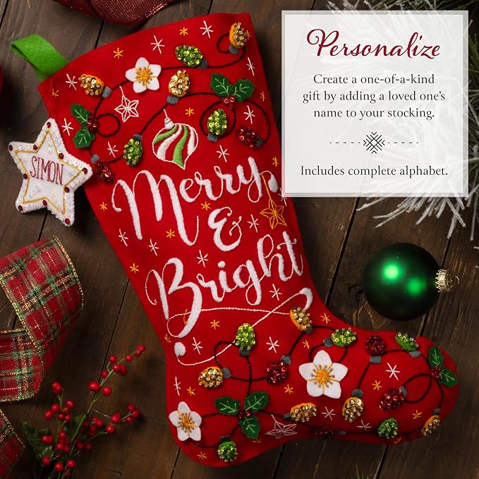 Bucilla Felt Applique 18" Stocking Making Kit, Merry and Bright, Perfect for DIY Arts and Crafts