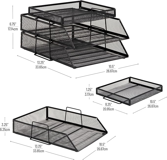 Mind Reader 2 Tier Paper Tray with Top Supply Compartment, Desktop File Organizer, Metal Mesh, Black