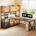 L Shaped Gaming Desk with Drawers, Corner Computer Desk with LED Tempered Glass Display Cabinet, Shaped L Office Desk with Charging Station and Fabric Drawer, PC Desk for Gaming and Office, Brown
