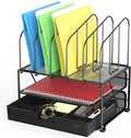 Deco Brothers Mesh Desk Organizer with Double Tray, 5 Upright Sections and Sliding Drawer, Black | Sliding Drawer with Adjustable Dividers, Black