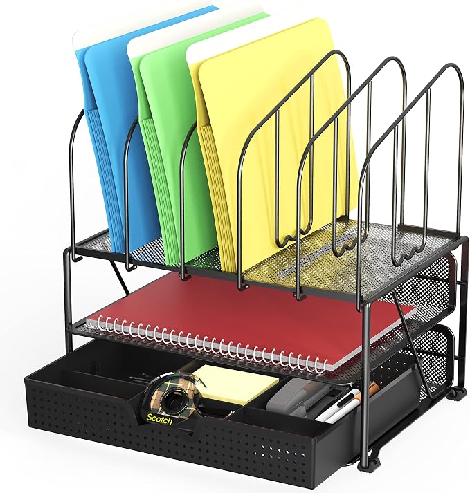 Deco Brothers Mesh Desk Organizer with Double Tray, 5 Upright Sections and Sliding Drawer, Black | Sliding Drawer with Adjustable Dividers, Black