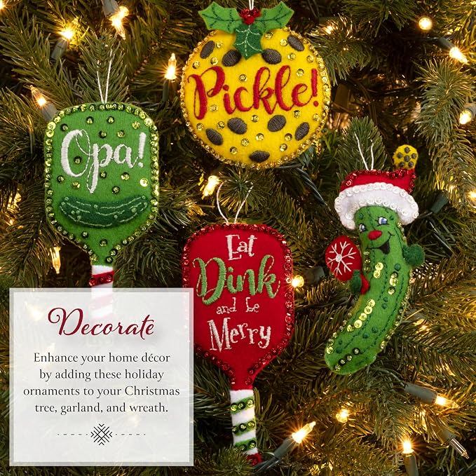 Bucilla, Felt Applique 4 Piece Ornament Making Kit, Merry Pickleball, Perfect for Holiday DIY Arts and Crafts Projects, 89711E