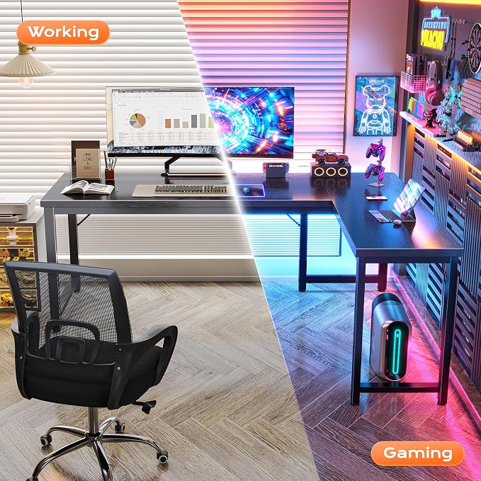 Huuger 63 Inch L Shaped Desk with 0.95 Inch Thicker Desktop | Reversible Computer Desk, Larger Corner Office Gaming Desk, Robust Metal Frame, for Home Office, Study, Black