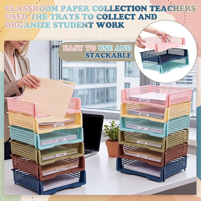 Weysat 12 Pcs Turn in Trays Classroom, Stackable Paper Tray for Classroom Organization Plastic Desk File Organizer Bin Basket for Library Drawer Teacher Office Document Storage (Morandi Tones,Wide)
