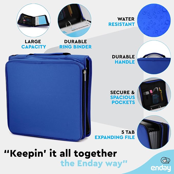 Enday 2 Inch Zipper Binder - 880 Sheet Capacity, 5 Pockets, Expanding File Folder with Durable Handle, Multiple Pockets School Binder Organizer, Blue