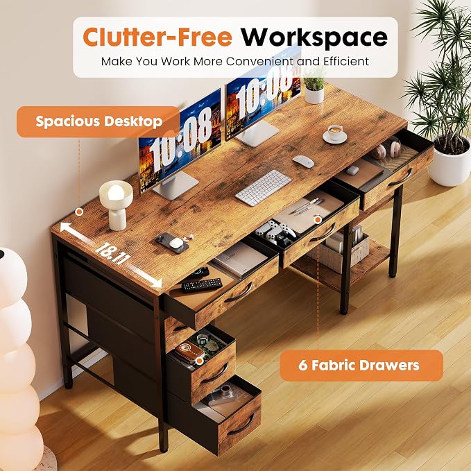 Sweetcrispy 47" Computer Desk with 6 Fabric Drawers & Storage Shelves | Reversible Gaming Desk, Office Desk, Computer Workstation, Corner Desk with Storage, Home Office, Living Room,Rustic Brown