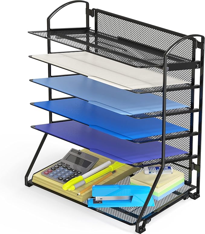 Simple Houseware 6-Tier Desk Organizer & Sliding Paper Tray, Black | Space-Saving Desktop Letter Tray for Document, Files and Mail Sorting