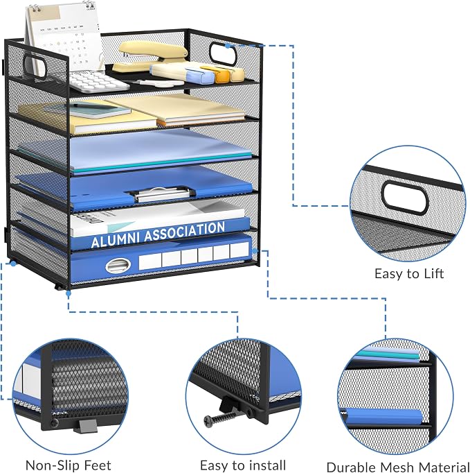 Daltack 6-Tier Paper Organizer for Desk with Handle, Black, 2 Pack | Sturdy Metal Mesh Organizer with Movable Middle Trays and a Carry Handle for Papers, Folders and Office Supplies