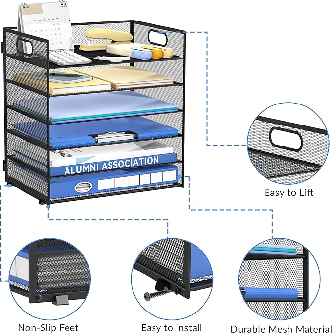Daltack 6-Tier Paper Organizer for Desk with Handle, Black | Sturdy Metal Mesh Organizer with Movable Middle Trays and a Carry Handle for Papers, Folders and Office Supplies