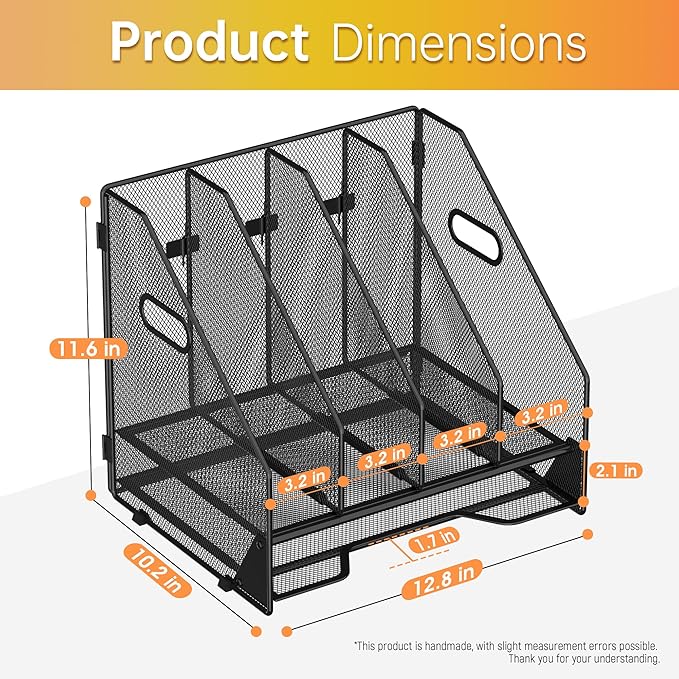 Docnest Mesh Desk File Organizer, 4 Vertical Compartment Box Sorter, Black | Features 3 removable middle dividers for custom spacing and a bottom letter tray to hold paper, mail, and documents