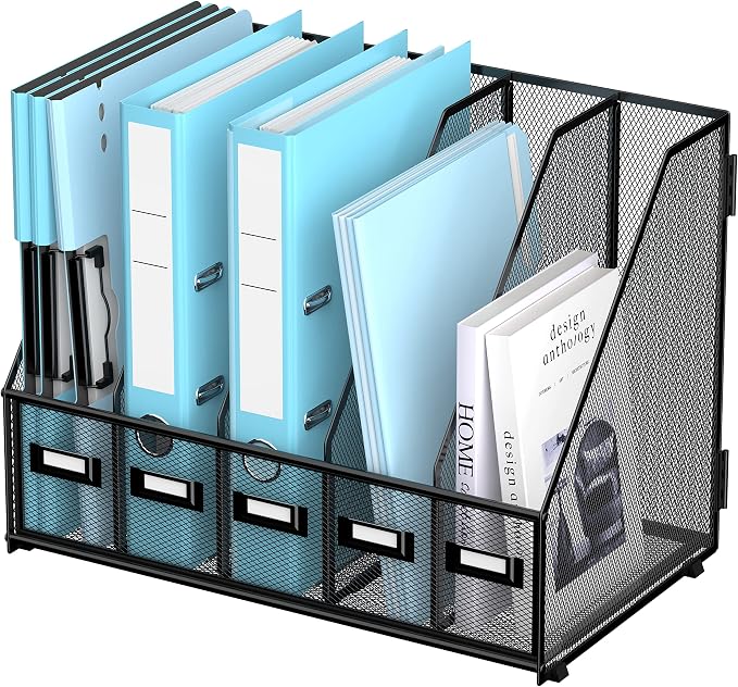 Desk Organizers Metal Desk Magazine File Holder with 16''x12''x12'' 5 Vertical Compartments Rack File Organizer for Office Desktop, Classroom, Home Workspace, Black Plus