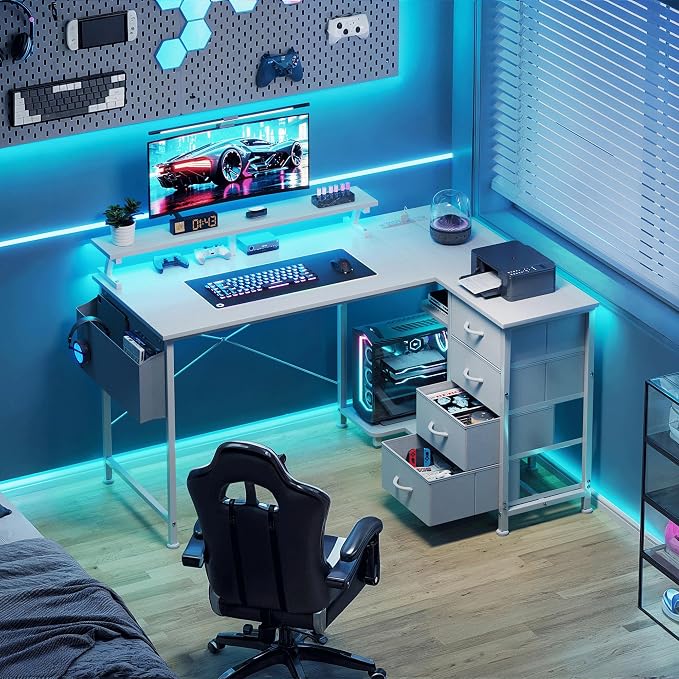 VERMESS 47" Reversible L Shaped Gaming Computer Desk, Corner Desk with Power Outlets & Monitor Stand, Writing Study Table with 4 Storage Drawers, Desk with LED Lights, White