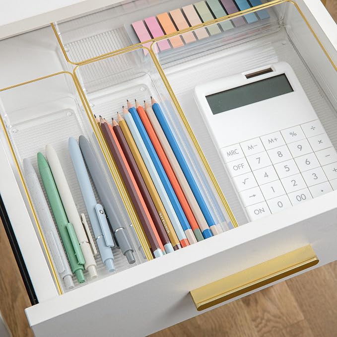 Martha Stewart Kerry Stackable Desk Drawer Organizers, Clear/Gold, 5-Pack | Various Sizes, Gold Trim, Stackable