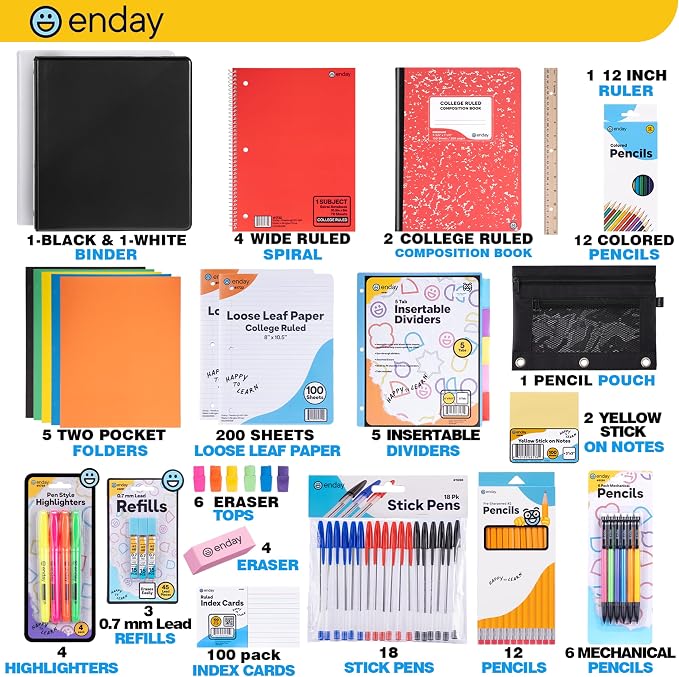 Enday Back to School Supplies High School Kit for Kids with Folders, Notebooks, Pencils, Pens & More Back to School Supplies Kit School Supply Bundle for Classroom Essentials