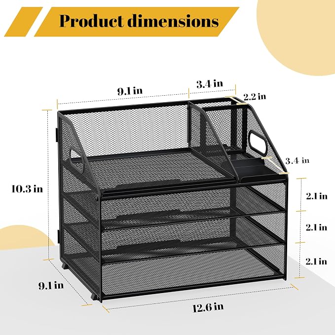 4 Tier Mesh Desk Organizer with Pen Holder and Handle Letter Tray | Metal desktop document shelf and paper sorter. Premium mesh workspace storage for office, home, and classroom